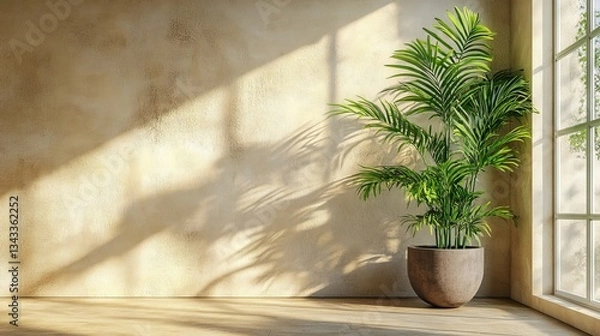 Fototapeta an indoor plant sits in a pot next to a window, with sunlight casting shadows on the wall. The scene is peaceful, calm and warm