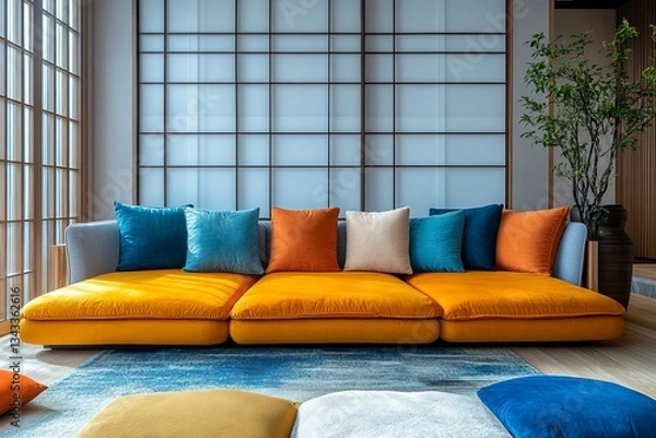 Fototapeta a modern living room interior with a vibrant yellow couch, colorful pillows, and a large window 