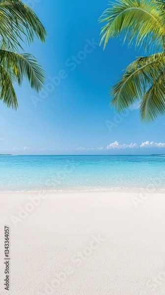Fototapeta Serene Beach with Crystal Clear Water and Lush Palm Leaves