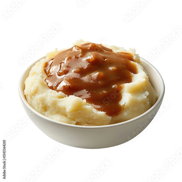 Obraz Creamy mashed potatoes topped with savory brown gravy in a white bowl, Transparent background.