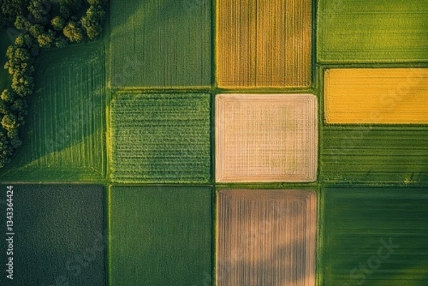 Fototapeta Aerial View of Colorful Patchwork Fields Showcasing Agricultural Patterns in Diverse Landscape During Golden Hour