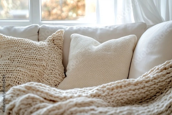 Fototapeta a cozy, inviting couch adorned with soft pillows and a warm blanket. The scene exudes comfort and relaxation