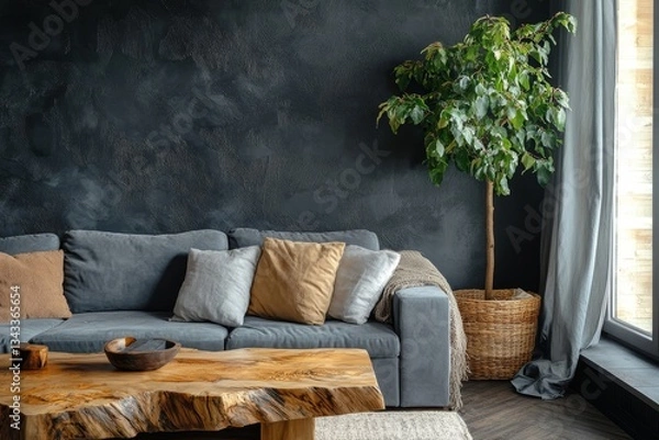 Fototapeta a modern living room with a gray sofa, wooden coffee table, and a large houseplant in a woven basket. The dark-colored wall and large window create a stylish atmosphere.