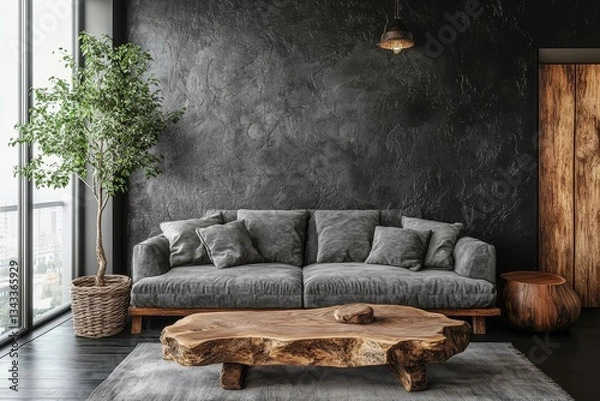 Fototapeta a stylish living room interior with a dark accent wall and a wooden table in the middle. A gray sofa, large windows, and a tree add to the decor