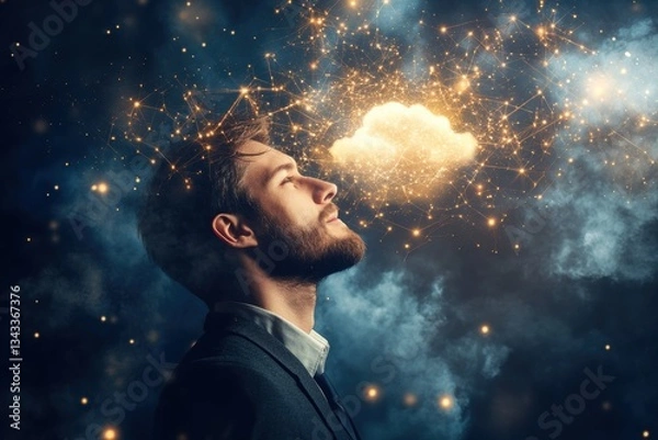 Fototapeta Thoughtful Man Gazing at Cloud of Ideas with Stars in a Surreal and Dreamlike Atmosphere