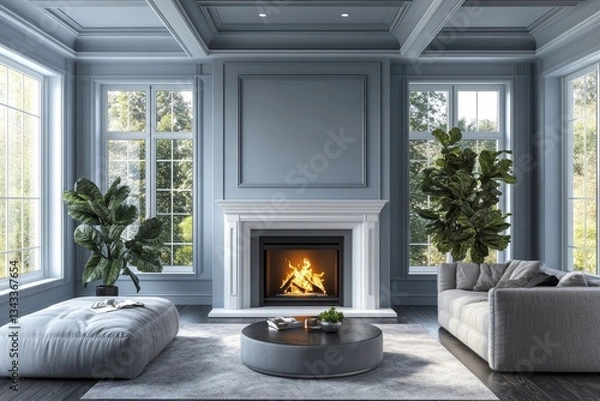 Fototapeta a cozy living room with a fireplace, creating a warm and inviting atmosphere. The room is furnished with a comfortable sofa, stylish ottoman, and decorative plants. Through the windows.