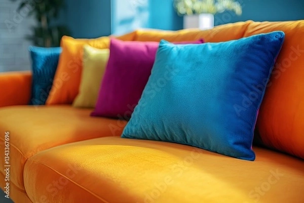 Fototapeta an orange couch with colorful pillows, creating a vibrant and inviting living space