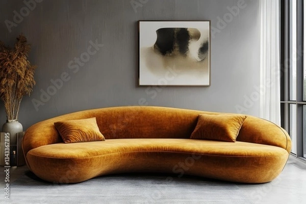 Fototapeta a cozy living room with an orange sofa, decorative artwork, and stylish ambiance. This interior space combines comfort and artistic flair, the sofa is a statement piece