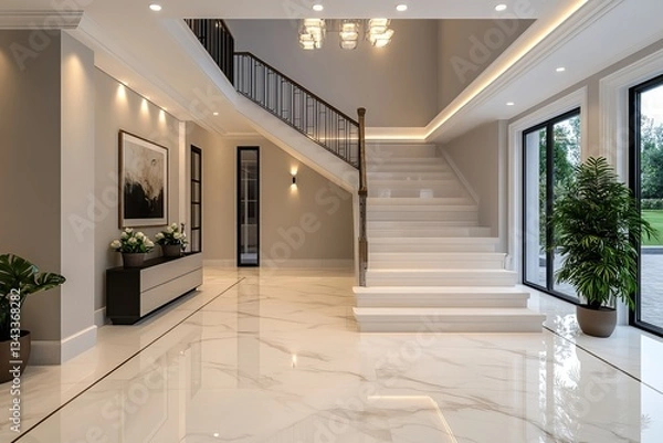 Fototapeta a modern and luxurious house interior with a grand staircase. The space features high ceilings, elegant lighting, and large windows, creating a bright and airy atmosphere