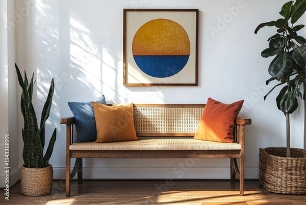 Fototapeta a cozy living space featuring a stylish bench with colorful pillows, plants, and artwork on the wall, creating a serene atmosphere