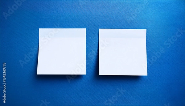Fototapeta Two white sticky notes on vivid blue background. Blank paper. Planning or reminder concept.