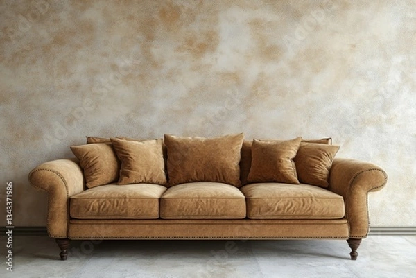 Fototapeta a comfortable and stylish brown sofa with pillows against a textured wall