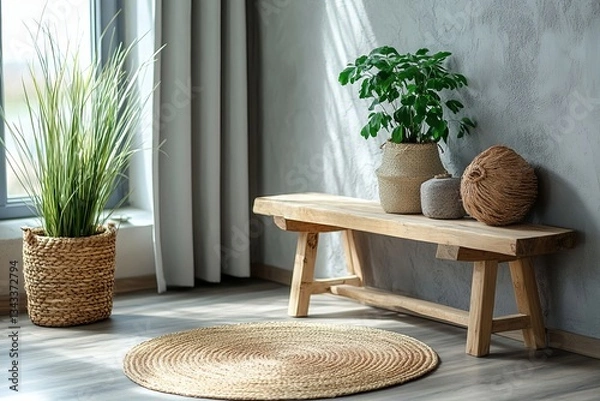 Fototapeta a cozy interior with a wooden bench, plants, and a round rug creating a peaceful atmosphere. The image showcases natural light and textures