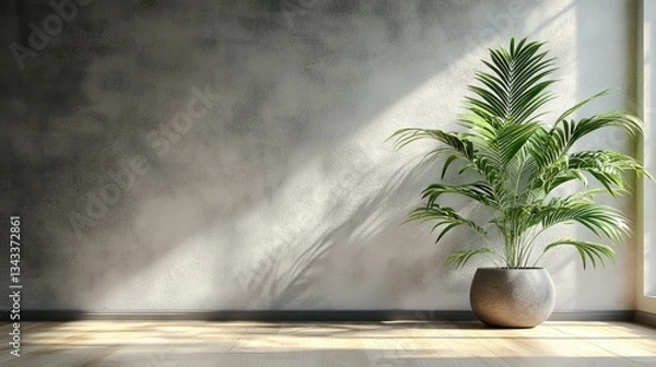 Fototapeta a well-lit indoor space featuring a potted plant near a window, with sunlight creating shadows on the wall