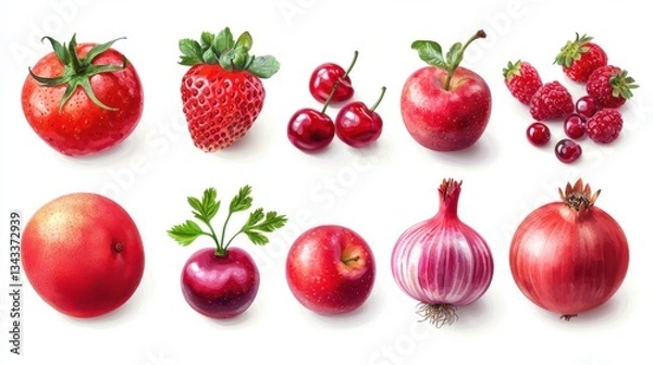 Fototapeta Red fruit and vegetable mix collection. Pomegranate, tomato, apple, pomelo, radish, currant, plum, cherry, strawberry, raspberry, onion, pepper isolated on white background. Flat la