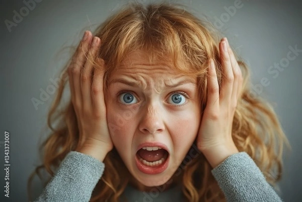 Fototapeta a person experiencing fear or shock, covering their ears and showing a distressed expression