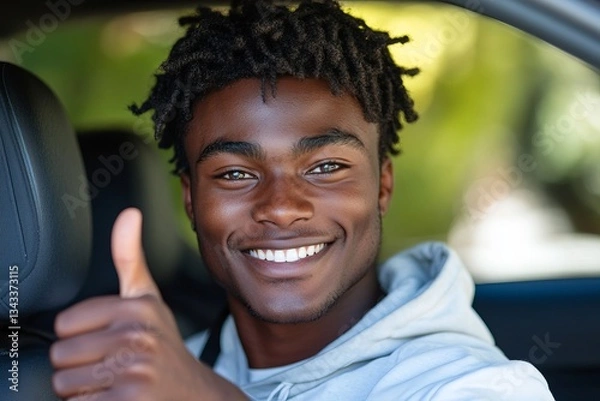 Fototapeta a young black man with a thumbs up in the car, expressing positivity. He is smiling at the camera, and the car interior is visible in the background.