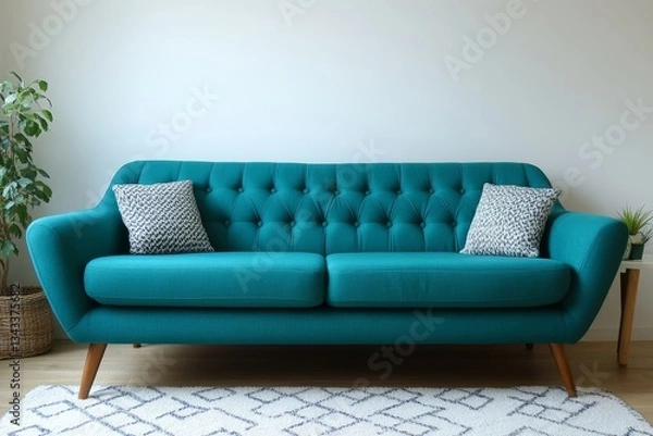 Fototapeta a modern teal sofa with decorative pillows in a stylish living room setting
