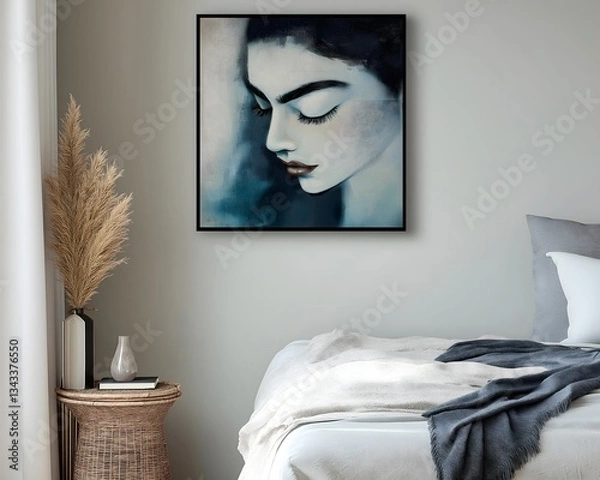 Fototapeta Moody Woman Portrait Artwork Above Bed In Neutral Bedroom Design
