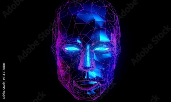 Fototapeta Human face with abstract cybernetic design low poly digital background with polygonal structure