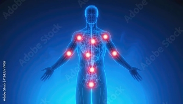 Fototapeta Human Energy Zones: A stunning visual representation of the human body's energy zones, depicted with glowing red points of light against a cool blue backdrop, suggesting balance, wellness.