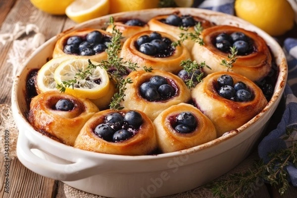 Fototapeta Summer Breakfast Idea: Blueberry Cinnamon Rolls with a Twist of Lemon and Thyme
