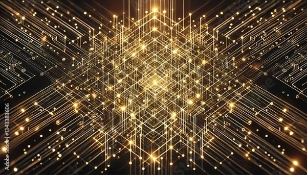 Fototapeta Glowing golden lines form an intricate lattice, evoking a high-tech and futuristic abstract background and wallpaper