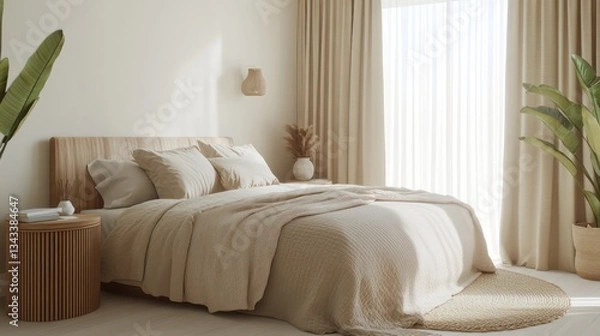 Fototapeta A neutral-toned bedroom with a sand-colored bedspread, natural wood side tables, and soft beige curtains adding warmth to the space