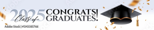 Obraz Banner with graduation cap or toga hat and golden foil confetti. Graduation party at the school, college or university. Congrats graduates class of 2025. Horizontal vector illustration.