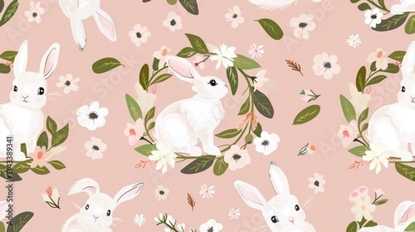 Obraz Charming Easter Bunnies in a Flower Wreath: Pink Background