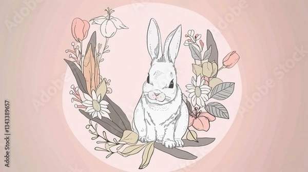 Obraz Charming Easter Bunnies in a Flower Wreath: Pink Background