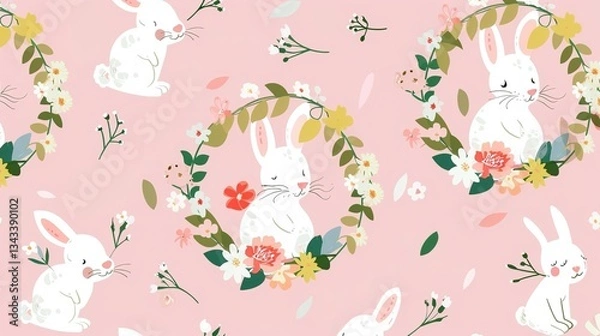 Obraz Charming Easter Bunnies in a Flower Wreath: Pink Background
