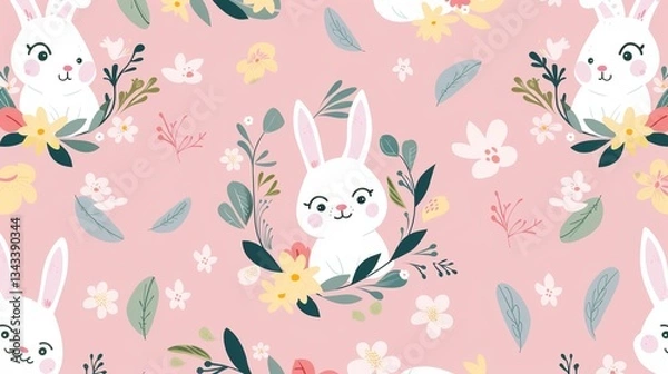 Obraz Charming Easter Bunnies in a Flower Wreath: Pink Background