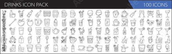Fototapeta Drinks Icon Pack with 100 Outline Icons - A collection of 100 outline drink icons in a minimalist style. Includes coffee, cocktails, juice, soda, and other beverage illustrations.

