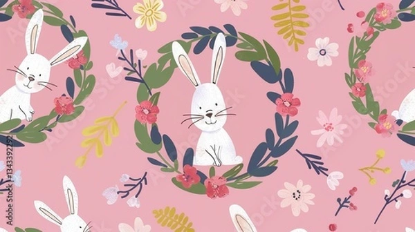 Obraz Charming Easter Bunnies in a Flower Wreath: Pink Background