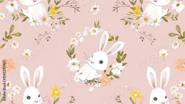 Obraz Charming Easter Bunnies in a Flower Wreath: Pink Background