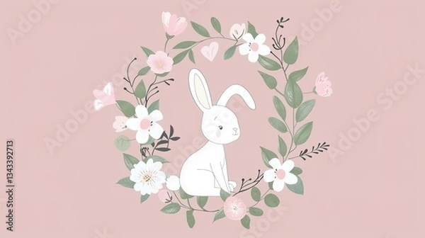 Obraz Charming Easter Bunnies in a Flower Wreath: Pink Background