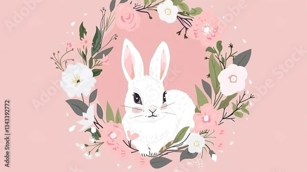 Obraz Charming Easter Bunnies in a Flower Wreath: Pink Background