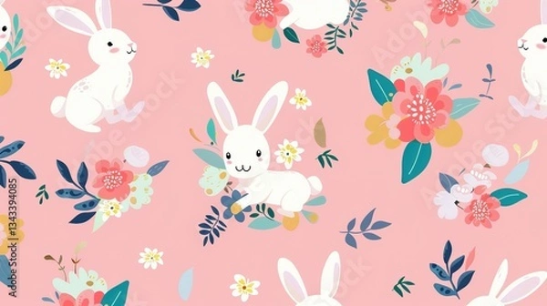 Obraz Charming Easter Bunnies in a Flower Wreath: Pink Background