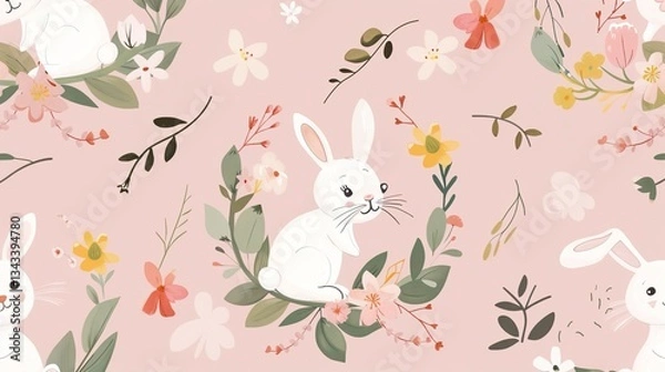 Obraz Charming Easter Bunnies in a Flower Wreath: Pink Background