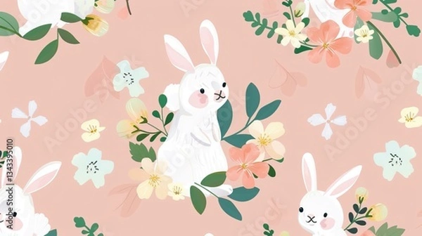 Obraz Charming Easter Bunnies in a Flower Wreath: Pink Background