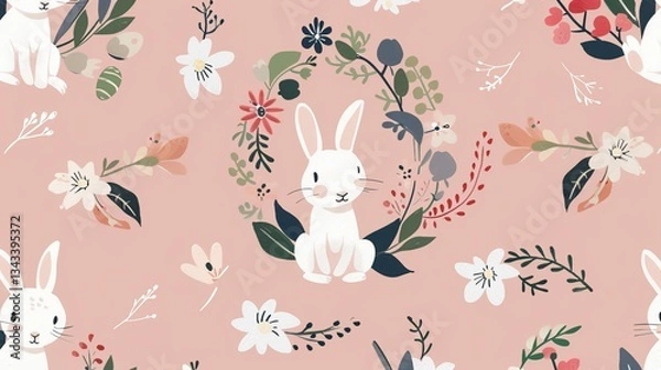 Obraz Charming Easter Bunnies in a Flower Wreath: Pink Background