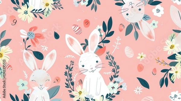 Obraz Charming Easter Bunnies in a Flower Wreath: Pink Background