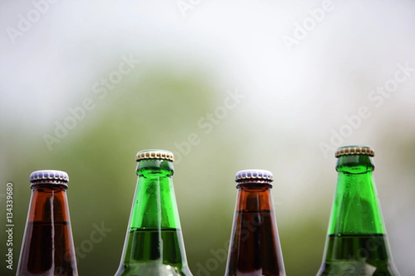 Fototapeta beer bottles with green copyspace background.