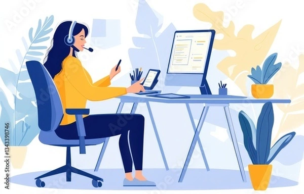 Fototapeta A woman wearing a headset is comfortably sitting in front of a computer