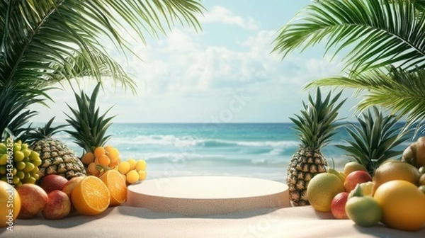 Fototapeta Tropical Paradise Setting with Fresh Fruits, Sea View, Coconut and Palm Leaves on Sandy Beach Background , copy space