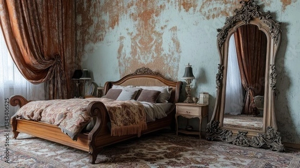 Fototapeta A vintage bedroom with a wooden sleigh bed, a richly patterned rug, and an ornate mirror leaning against a wall with soft pastel tones