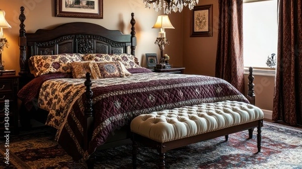 Fototapeta An elegant vintage bedroom with a dark mahogany bed frame, a richly patterned quilt, and a small chandelier above a tufted bench at the foot of the bed