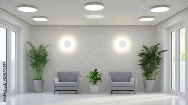 Fototapeta Elegant and minimalist office waiting area with soft lighting and greenery