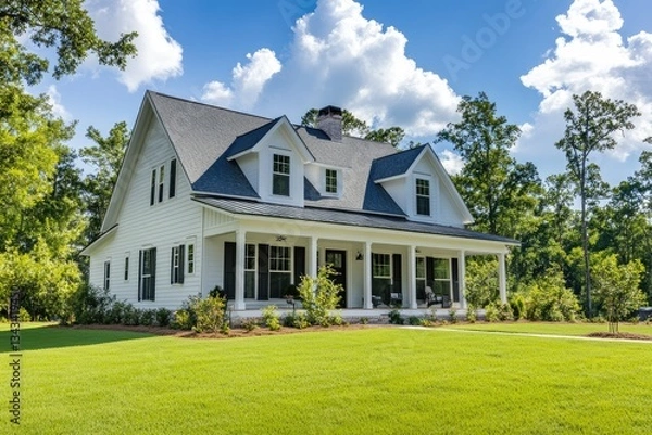 Fototapeta A beautiful white house with a large front porch and green grass